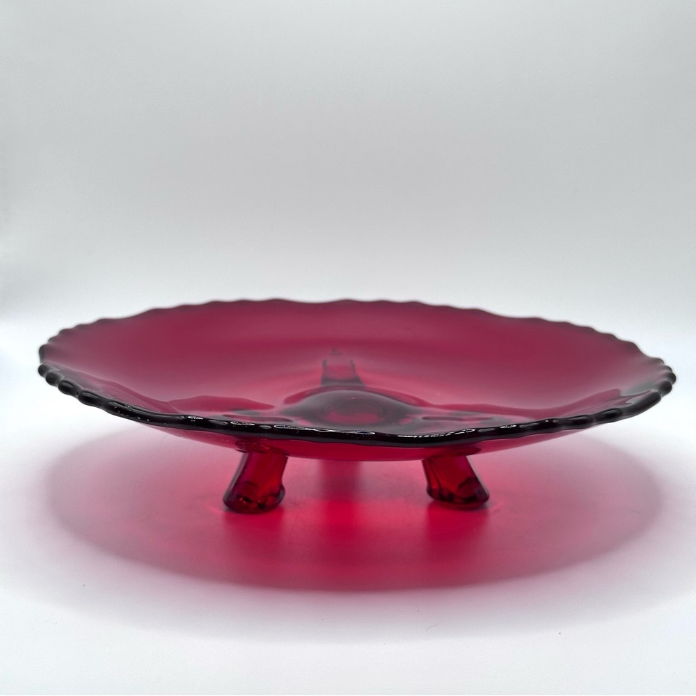 Vintage ruby red scalloped edge 3 footed dish